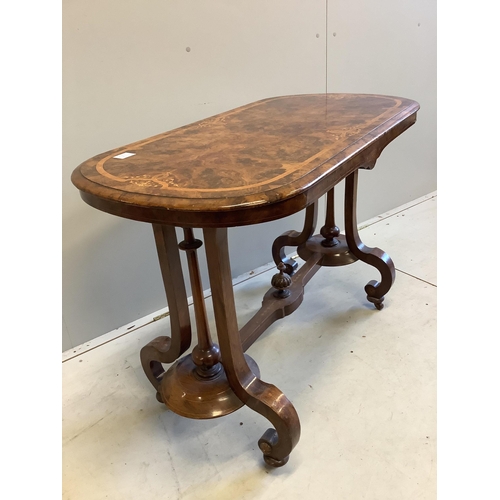 34 - A Victorian inlaid burr walnut rectangular centre table, width 104cm, depth 54cm, height 72cm. Condi... 