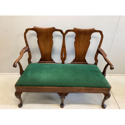 36 - A George I style walnut double chair back settee on shell carved cabriole legs, width 128cm, depth 5... 