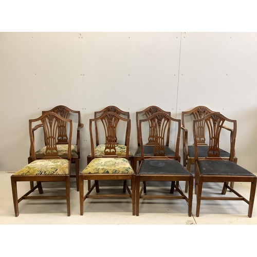 38 - A set of eight George III style mahogany dining chairs, including two carvers, with carved wheat she... 