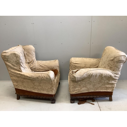 45 - A near pair of early 20th century upholstered armchairs, larger width 81cm, depth 78cm, height 88cm.... 