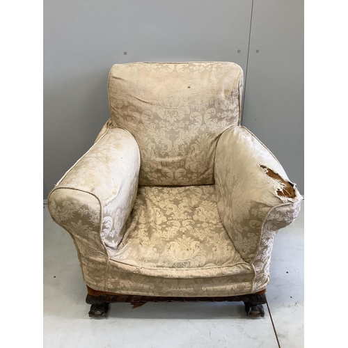 45 - A near pair of early 20th century upholstered armchairs, larger width 81cm, depth 78cm, height 88cm.... 