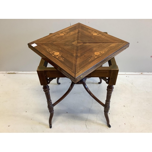 58 - An Edwardian inlaid rosewood envelope card table, width 54cm, depth 54cm, height 74cm. Condition - f... 