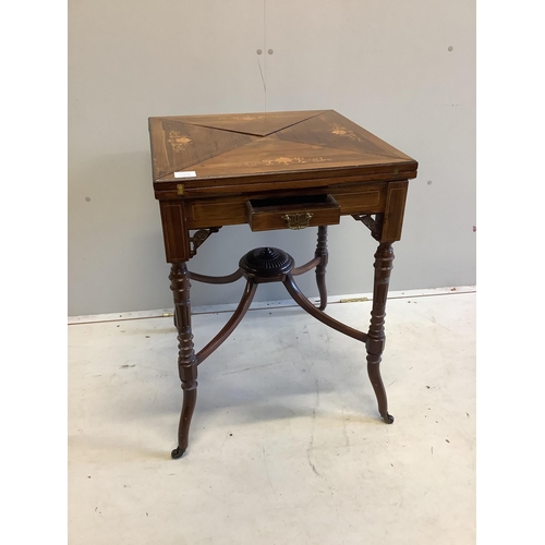 58 - An Edwardian inlaid rosewood envelope card table, width 54cm, depth 54cm, height 74cm. Condition - f... 