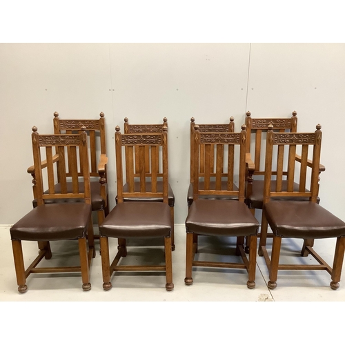 64 - A set of eight early 20th century carved oak dining chairs, two with arms. Condition - fair to good... 