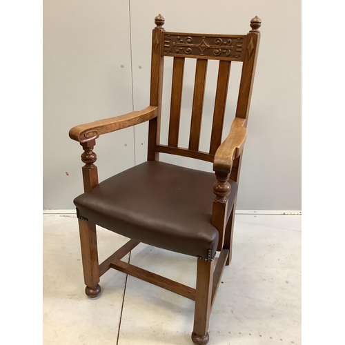 64 - A set of eight early 20th century carved oak dining chairs, two with arms. Condition - fair to good... 