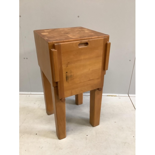 65 - A modern beech butcher's block, width 42cm, depth 44cm, height 82cm. Condition - fair