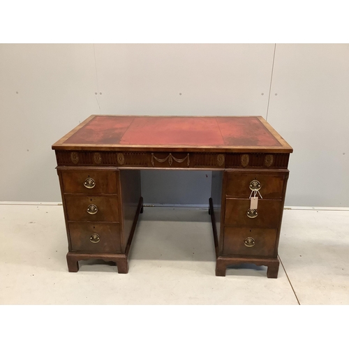 68 - An early Georgian style walnut pedestal desk with inset leather top, width 117cm, depth 71cm, height... 