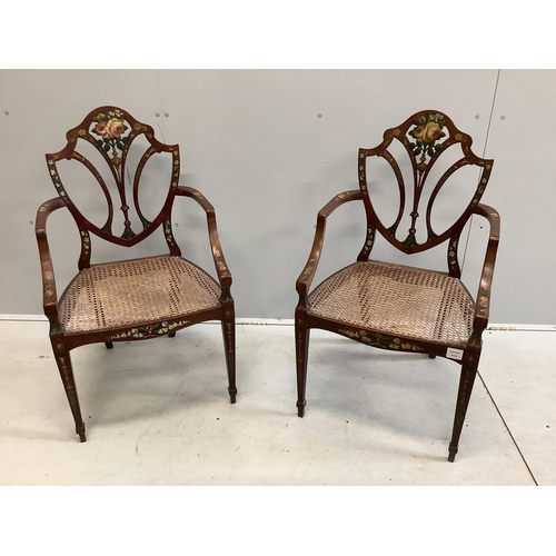 72 - A pair of Edwardian Sheraton Revival painted satinwood elbow chairs, width 51cm, depth 48cm, height ... 