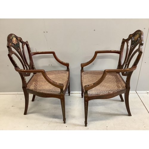 72 - A pair of Edwardian Sheraton Revival painted satinwood elbow chairs, width 51cm, depth 48cm, height ... 