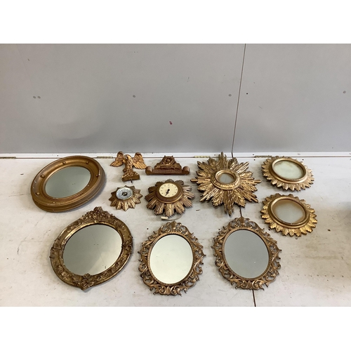 74 - Three starburst wall mirrors, four further gilt framed wall mirrors, etc. Condition - fair