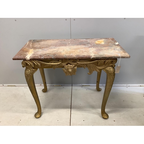 77 - A George I style carved giltwood console table with associated marble top, width 92cm, depth 48cm, h... 