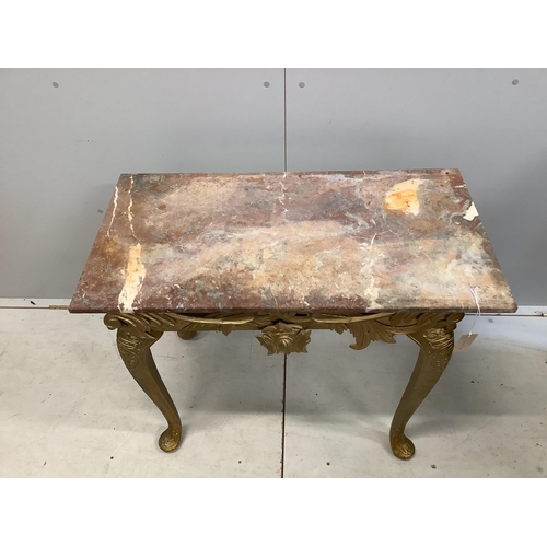 77 - A George I style carved giltwood console table with associated marble top, width 92cm, depth 48cm, h... 