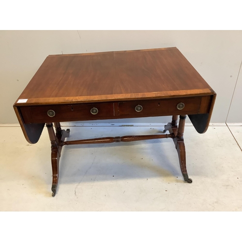 79 - A Regency banded mahogany sofa table, width 94cm, depth 70cm, height 70cm. Condition - fair