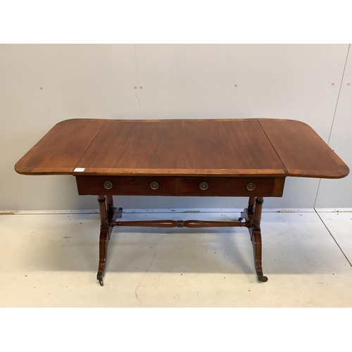 79 - A Regency banded mahogany sofa table, width 94cm, depth 70cm, height 70cm. Condition - fair