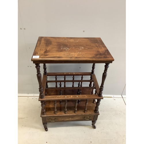 84 - A mid Victorian inlaid rosewood Canterbury whatnot, width 56cm, depth 38cm, height 88cm. Condition -... 