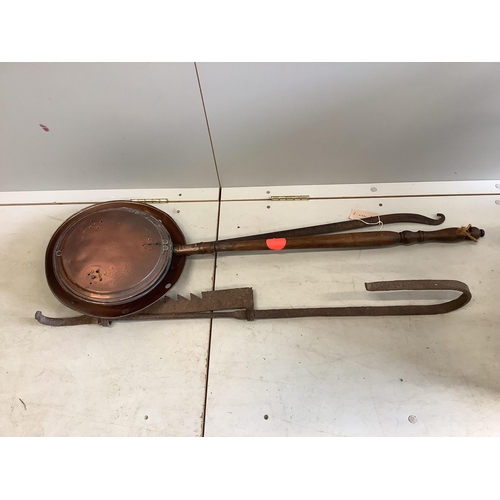 89 - A copper and brass weather vane, warming pan and sundry metalware. Condition - poor to fair