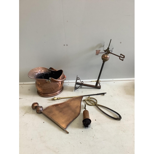 89 - A copper and brass weather vane, warming pan and sundry metalware. Condition - poor to fair