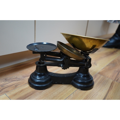 89 - A copper and brass weather vane, warming pan and sundry metalware. Condition - poor to fair