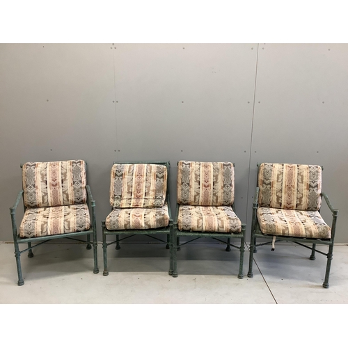 91 - A set of four painted aluminium conservatory armchairs with cushion seats and backs, width 55cm, dep... 