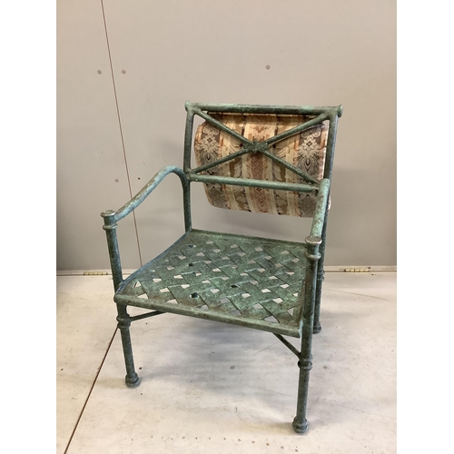 91 - A set of four painted aluminium conservatory armchairs with cushion seats and backs, width 55cm, dep... 