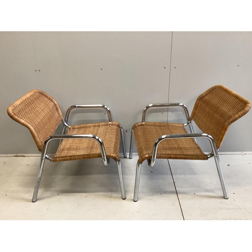 92 - A pair of modern cane garden chairs, width 66cm, depth 56cm, height 78cm. Condition - fair