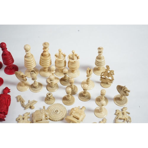 13 - Two Canton bone chess sets. Condition - poor. king - broken and detached from ball, queen 15cm... 