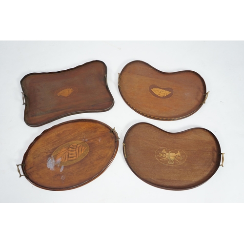 14 - Four Edwardian inlaid mahogany gallery trays, two of kidney shape, one serpentine rectangular, the o... 