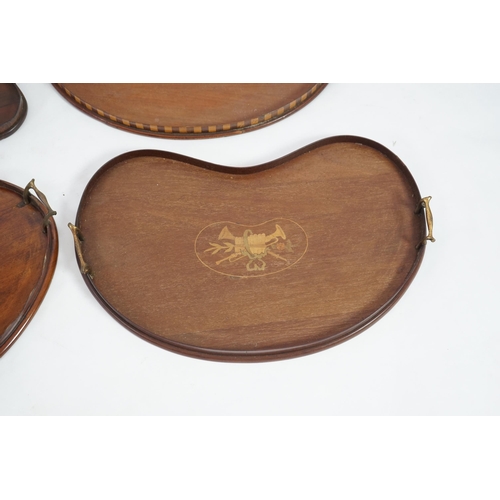 14 - Four Edwardian inlaid mahogany gallery trays, two of kidney shape, one serpentine rectangular, the o... 