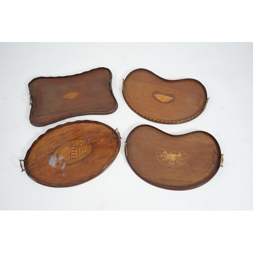 14 - Four Edwardian inlaid mahogany gallery trays, two of kidney shape, one serpentine rectangular, the o... 