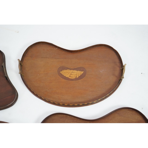 14 - Four Edwardian inlaid mahogany gallery trays, two of kidney shape, one serpentine rectangular, the o... 