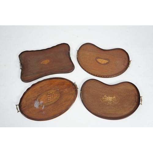 14 - Four Edwardian inlaid mahogany gallery trays, two of kidney shape, one serpentine rectangular, the o... 