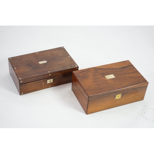 19 - Two Victorian rosewood writing slopes, one with mother of pearl and pewter strung embellishments, th... 