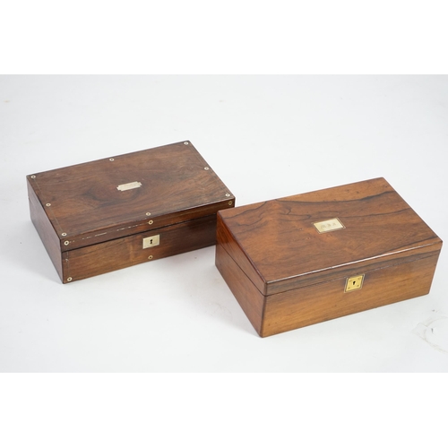 19 - Two Victorian rosewood writing slopes, one with mother of pearl and pewter strung embellishments, th... 