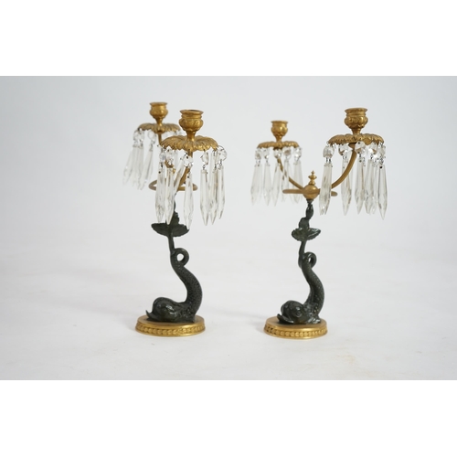 25 - A pair of 19th century bronze and ormolu twin sconce candelabra with cut glass icicle drops, reeded ... 