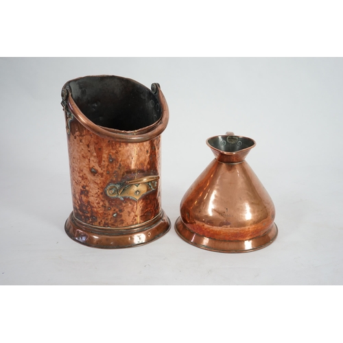 34 - A Victorian Loftus of Oxford Street copper one gallon flagon, 24cm, two copper kettles and a coal he... 