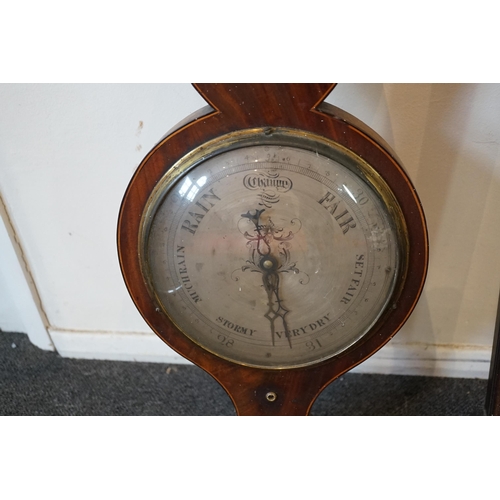 44 - A George III mahogany stick barometer signed Garoe & Co. Edinburgh, 93cm and a Regency wheel baromet... 