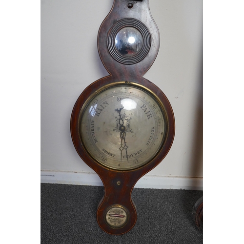 44 - A George III mahogany stick barometer signed Garoe & Co. Edinburgh, 93cm and a Regency wheel baromet... 