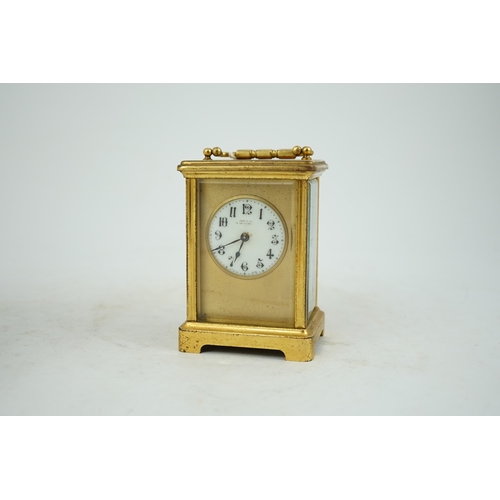 45 - A French gilt brass carriage timepiece, 8cm wide, 12cm high