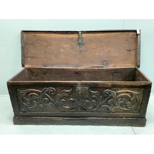 1007 - An 18th century Spanish oak coffer, width 172cm, depth 54cm, height 65cm. Condition - poor to fair... 