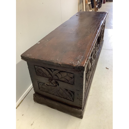 1007 - An 18th century Spanish oak coffer, width 172cm, depth 54cm, height 65cm. Condition - poor to fair... 