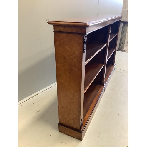 1009 - A Victorian bird's eye maple dwarf open bookcase, width 172cm, depth 27cm, height 95cm. Condition - ... 