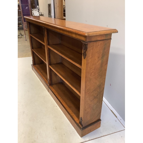 1009 - A Victorian bird's eye maple dwarf open bookcase, width 172cm, depth 27cm, height 95cm. Condition - ... 