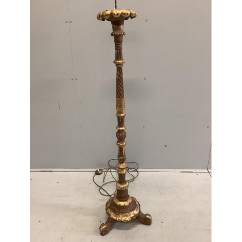 1016 - An 18th century style carved giltwood and composition standard lamp, height 175cm. Condition - poor ... 