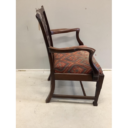 1028 - A George III mahogany elbow chair, width 59cm, depth 48cm, height 96cm. Condition - fair