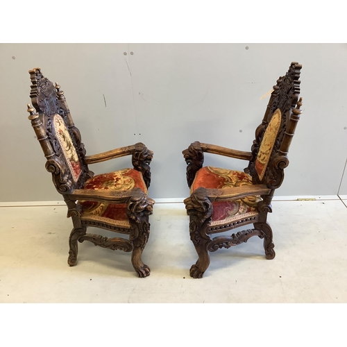 1031 - A near pair of 18th century style carved beech child's elbow chairs, larger width 55cm, depth 39cm, ... 