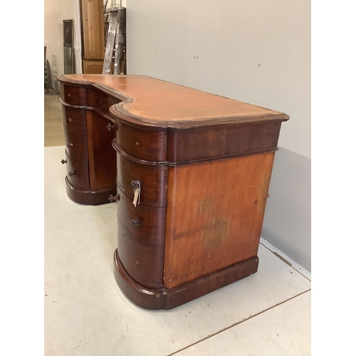 1047 - A Victorian mahogany bow front pedestal desk, width 138cm, depth 62cm, height 76cm. Condition - poor... 