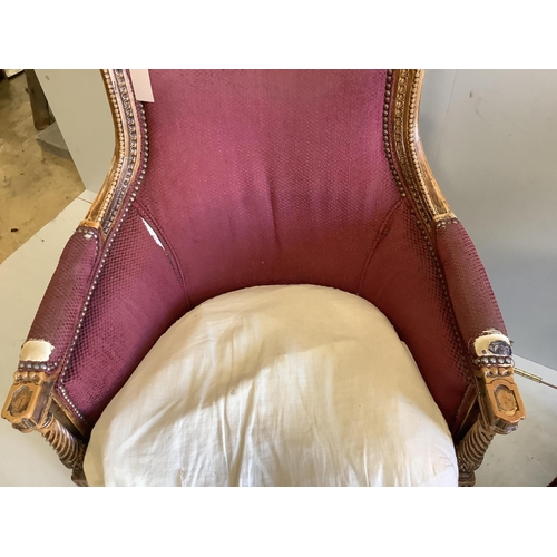 1058 - A pair of Louis XVI style beech armchairs, width 68cm, depth 52cm, height 89cm. Condition - poor... 