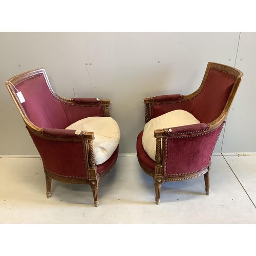 1058 - A pair of Louis XVI style beech armchairs, width 68cm, depth 52cm, height 89cm. Condition - poor... 