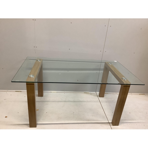 1072 - A Contemporary rectangular glass top dining table, width 160cm, depth 90cm, height 75cm and six upho... 