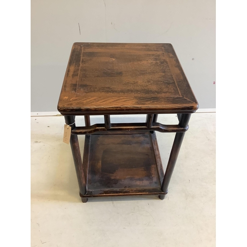 1075 - A Chinese elm square two tier table, 49cm, height 71cm. Condition - fair